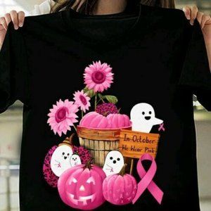 Cute Ghost In October We Wear Pink Breast Cancer Awareness Ribbon Gift t Shirt